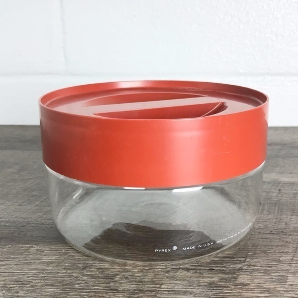 Vintage PYREX CANISTER Rust orange Lid GLASS STORAGE Container See-N-Store MCM
